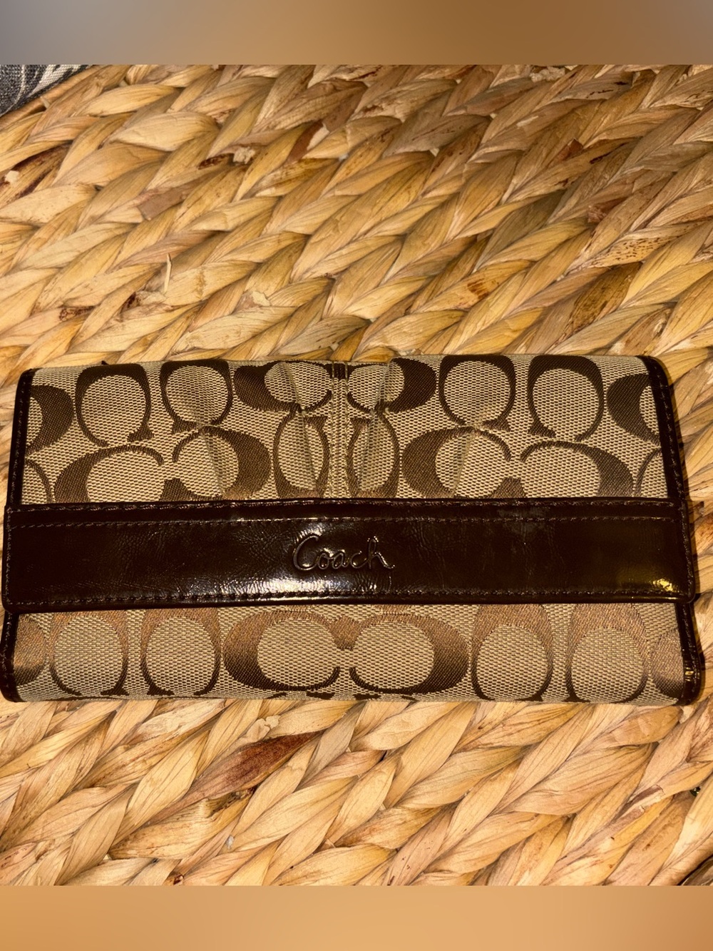Coach Signature Canvas Trifold Wallet in Khaki and Brown Leather with Checkbook